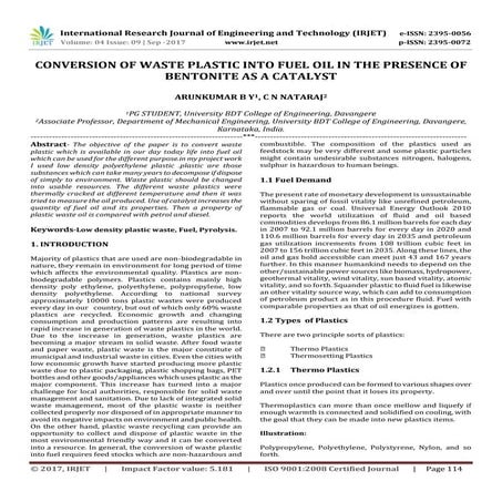 Conversion of Waste Plastic into Fuel Oil in the Presence of Bentonite as a C...