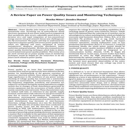 IRJET- A Review Paper on Power Quality Issues and Monitoring Techniques