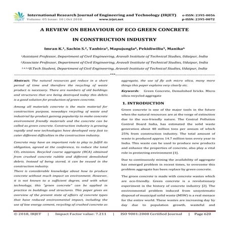 IRJET- A Review on Behaviour of ECO Green Concrete in Construction Industry