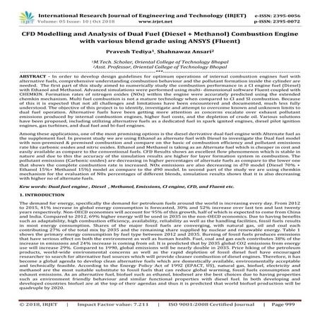 IRJET- CFD Modelling and Analysis of Dual Fuel (Diesel + Methanol) Combustion...