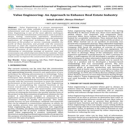 IRJET- Value Engineering-An Approach to Enhance Real Estate Industry