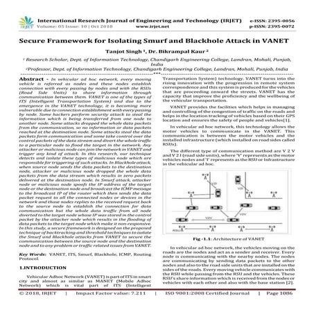 IRJET- Secure Framework for Isolating Smurf and Blackhole Attack in VANET