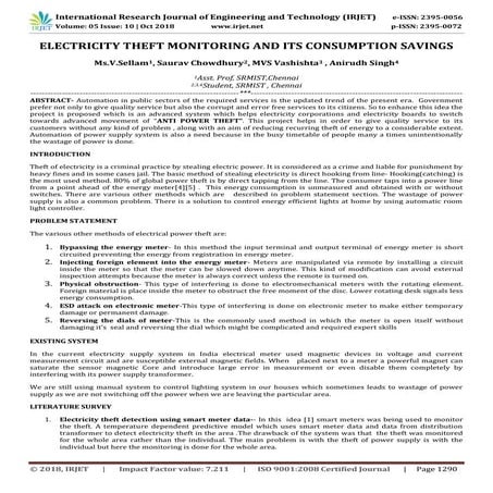 IRJET- Electricity Theft Monitoring and its Consumption Savings