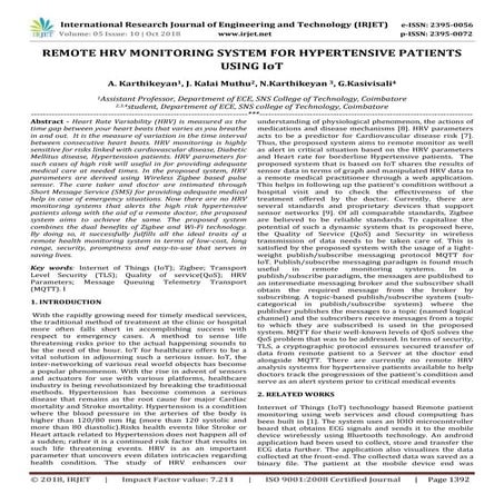 IRJET- Remote HRV Monitoring System for Hypertensive Patients using IoT