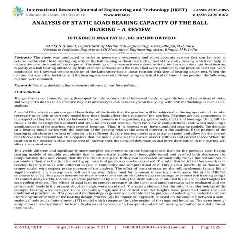 IRJET- Analysis of Static Load Bearing Capacity of the Ball Bearing – A Review