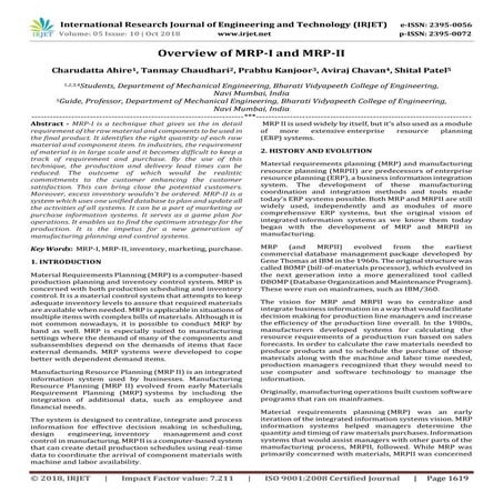 IRJET- Overview of MRP-I and MRP-II
