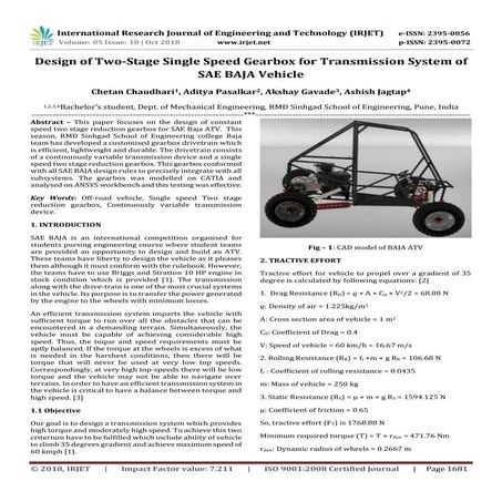 IRJET- Design of Two-Stage Single Speed Gearbox for Transmission System of SA...