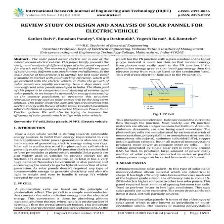 IRJET- Review Study on Design and Analysis of Solar Pannel for Electric Vehicle