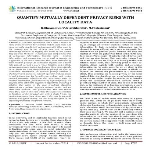 IRJET- Quantify Mutually Dependent Privacy Risks with Locality Data