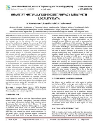 IRJET- Quantify Mutually Dependent Privacy Risks with Locality Data