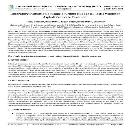 IRJET- Laboratory Evaluation of Usage of Crumb Rubber & Plastic Wastes in Asp...