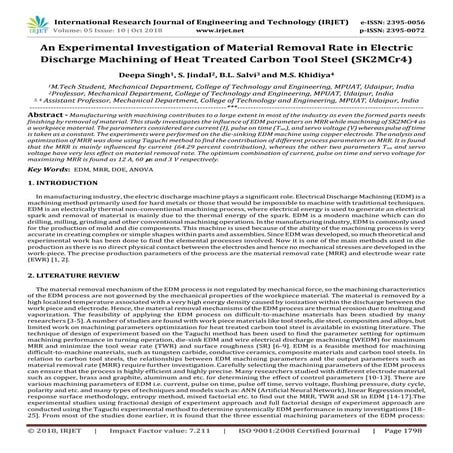 IRJET- An Experimental Investigation of Material Removal Rate in Electric Dis...