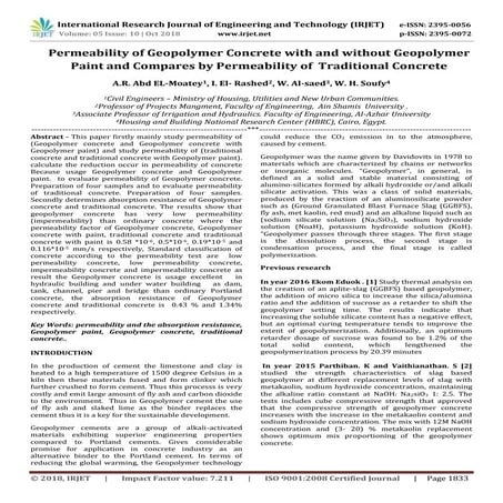 IRJET- Permeability of Geopolymer Concrete with and without Geopolymer Paint ...
