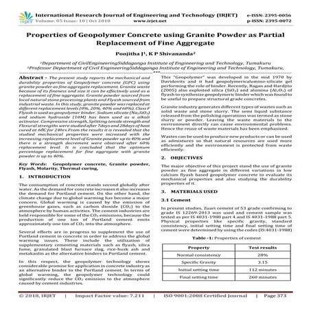 IRJET- Properties of Geopolymer Concrete using Granite Powder as Partial Repl...
