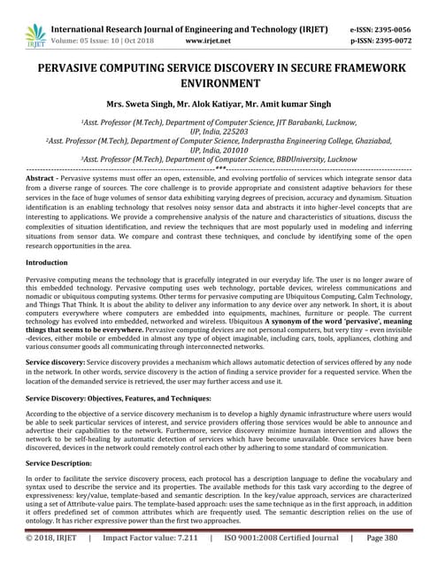 IRJET- Pervasive Computing Service Discovery in Secure Framework Environment