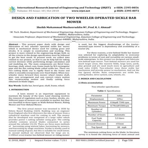 IRJET- Design and Fabrication of Two Wheeler Operated Sickle Bar Mower 