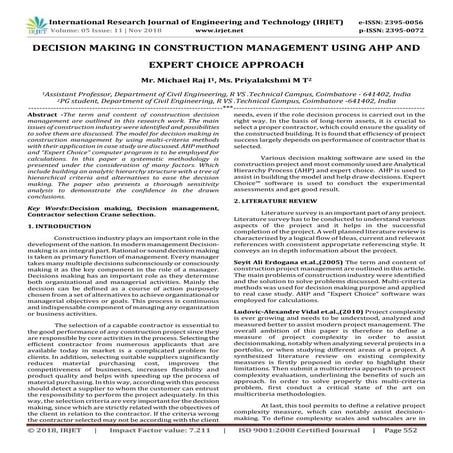 IRJET- Decision Making in Construction Management using AHP and Expert Choice...