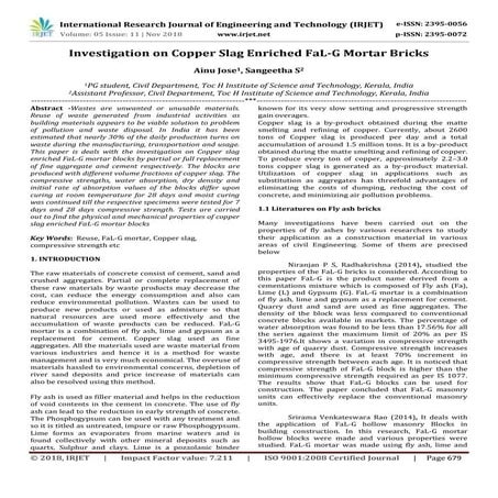 IRJET- Investigation on Copper Slag Enriched Fal-G Mortar Bricks