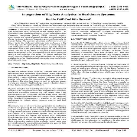 IRJET- Integration of Big Data Analytics in Healthcare Systems