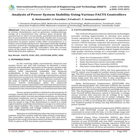 IRJET- Analysis of Power System Stability using Various FACTS Controllers