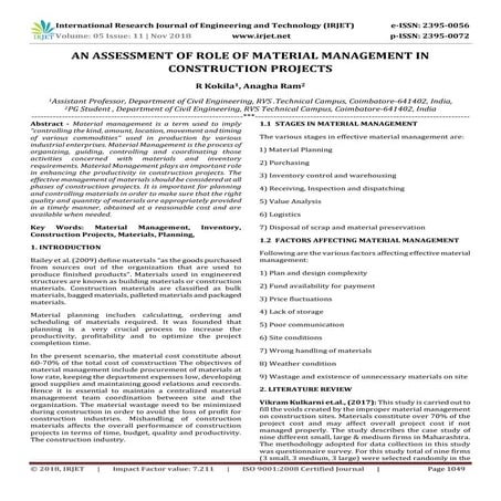 IRJET- An Assessment of Role of Material Management in Construction Projects