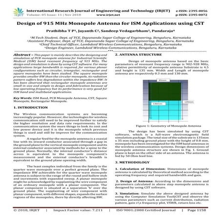 IRJET- Design of 915 MHz Monopole Antenna for ISM Applications using CST