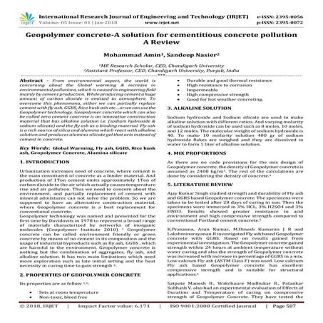 IRJET-Geopolymer Concrete-A Solution for Cementitious Concrete Pollution A Re...