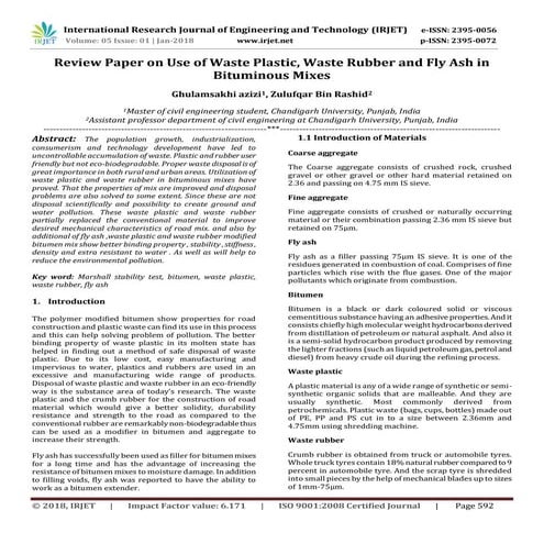 IRJET-Review Paper on Use of Waste Plastic, Waste Rubber and Fly Ash in Bitum...