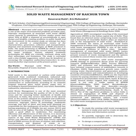 IRJET- Solid Waste Management of Raichur Town