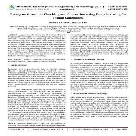 IRJET- Survey on Grammar Checking and Correction using Deep Learning for Indi...