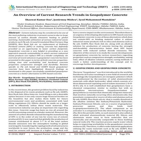IRJET- An Overview of Current Research Trends in Geopolymer Concrete
