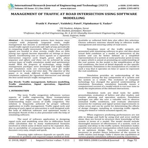 IRJET- Management of Traffic at Road Intersection using Software Modelling