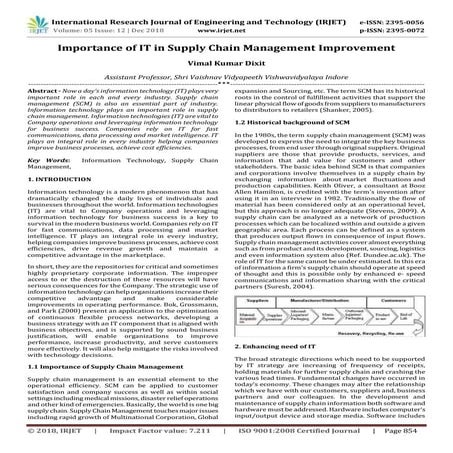 IRJET- Importance of IT in Supply Chain Management Improvement