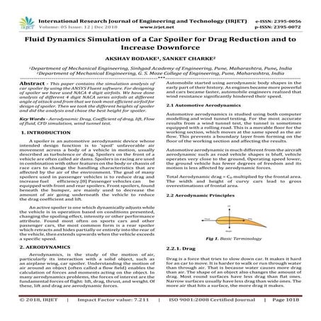 IRJET- Fluid Dynamics Simulation of a Car Spoiler for Drag Reduction and to I...