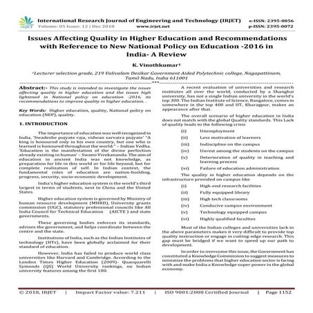 IRJET- Issues Affecting Quality in Higher Education and Recommendations with ...