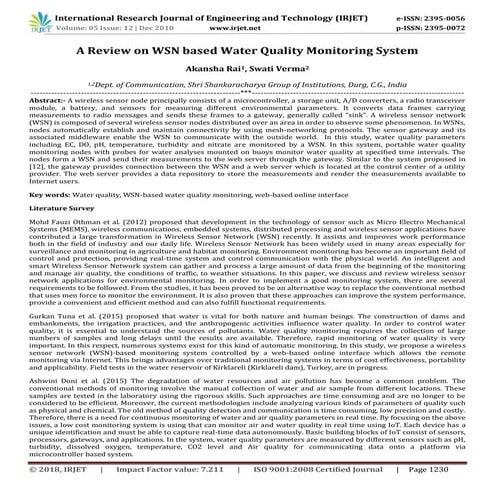 IRJET- A Review on WSN based Water Quality Monitoring System