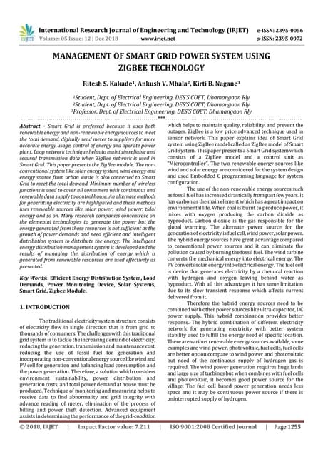 IRJET- Management of Smart Grid Power System using Zigbee Technology
