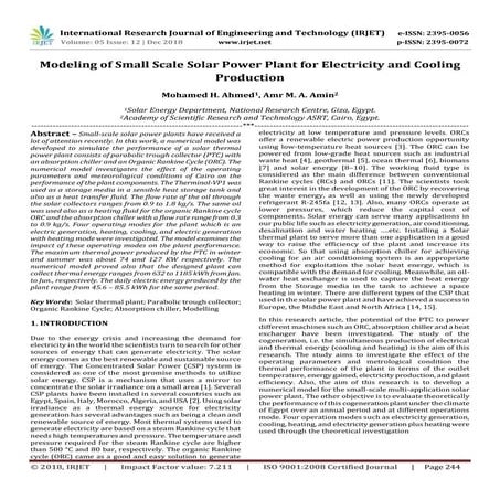 IRJET- Modeling of Small Scale Solar Power Plant for Electricity and Cooling ...