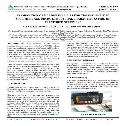 IRJET- Examination of Hardness Values for Ti-6Al-4V Welded Specimens and Micr...