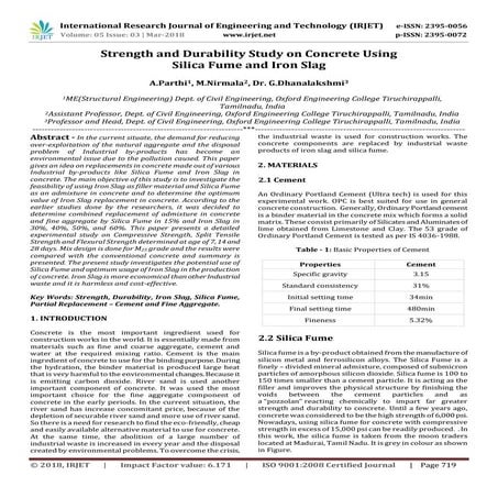 IRJET-  	  Strength and Durability Study on Concrete using Silica Fume and Ir...