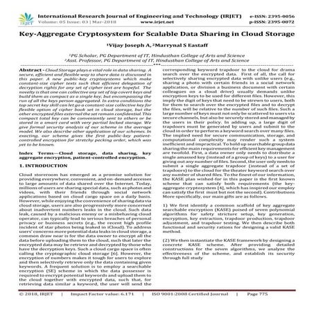 IRJET-  	  Key-Aggregate Cryptosystem for Scalable Data Sharing in Cloud Storage
