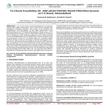 IRJET-  	  To Check Feasibility of ERP (Electronic Road Pricing) System at C ...