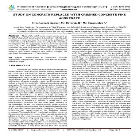 IRJET- Study on Concrete Replaced with Crushed Concrete Fine Aggregate