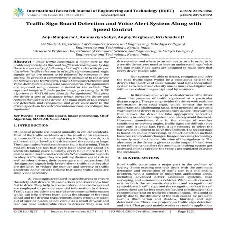 IRJET-  	  Traffic Sign Board Detection and Voice Alert System Along with Spe...