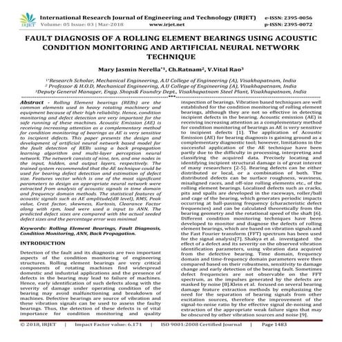 IRJET- Fault Diagnosis of a Rolling Element Bearings using Acoustic Condition...