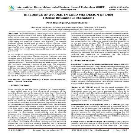 IRJET- Influence of Zycosil in Cold Mix Design of DBM (Dense Bituminous Macadam)