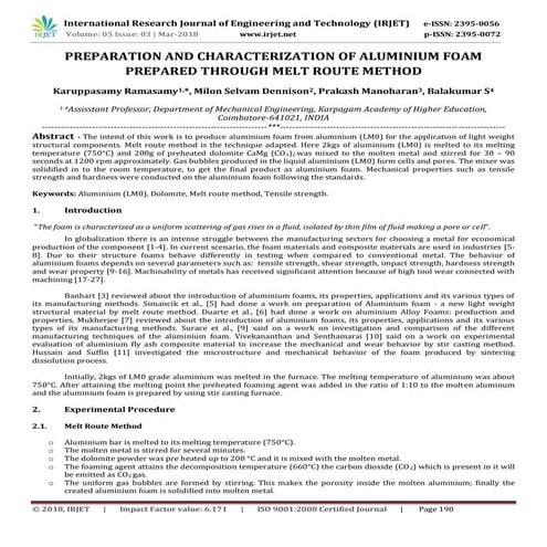 Preparation and Characterization of Aluminium Foam Prepared through Melt Rout...