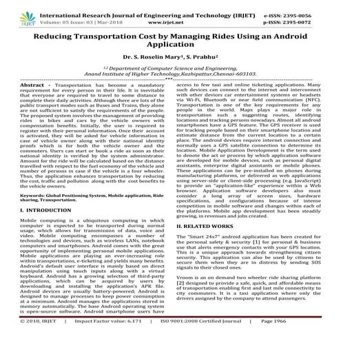 IRJET- Reducing Transportation Cost by Managing Rides using an Android Applic...