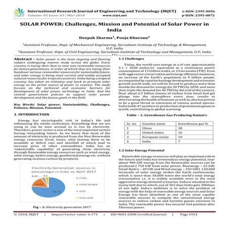 IRJET- SOLAR POWER: Challenges, Mission and Potential of Solar Power in India
