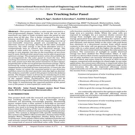 IRJET-  	  Sun Tracking Solar Panel